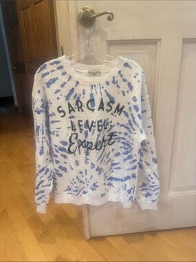 Wound Up White & Blue Tie-Dye "Sarcasm Level: Expert" Crewneck